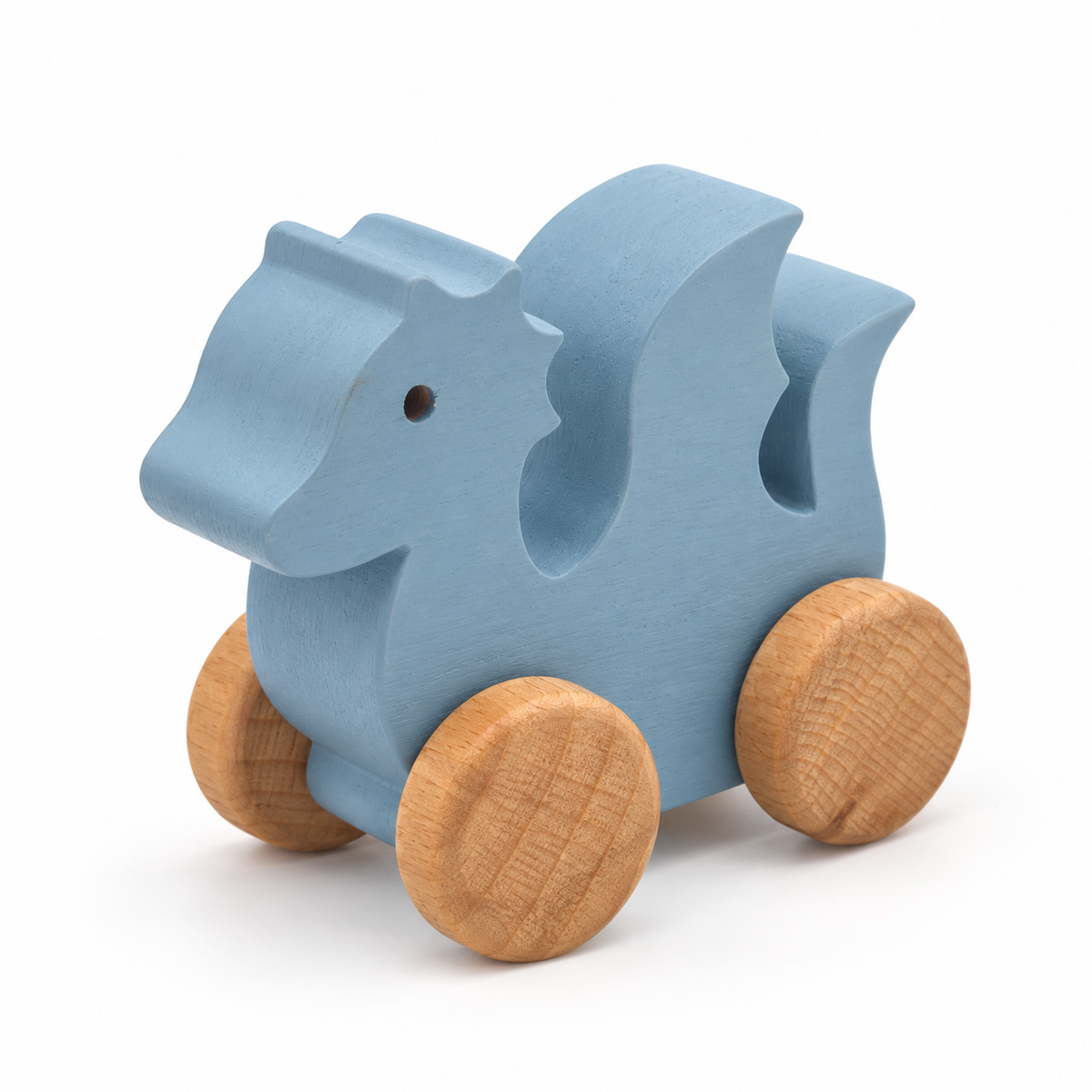 Dragon Wooden Car — blue, front three-quarter view