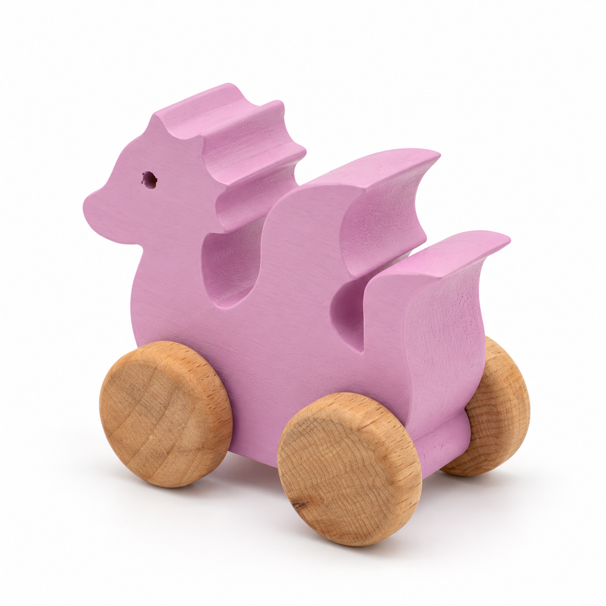 Dragon Wooden Car — pink, rear three-quarter view