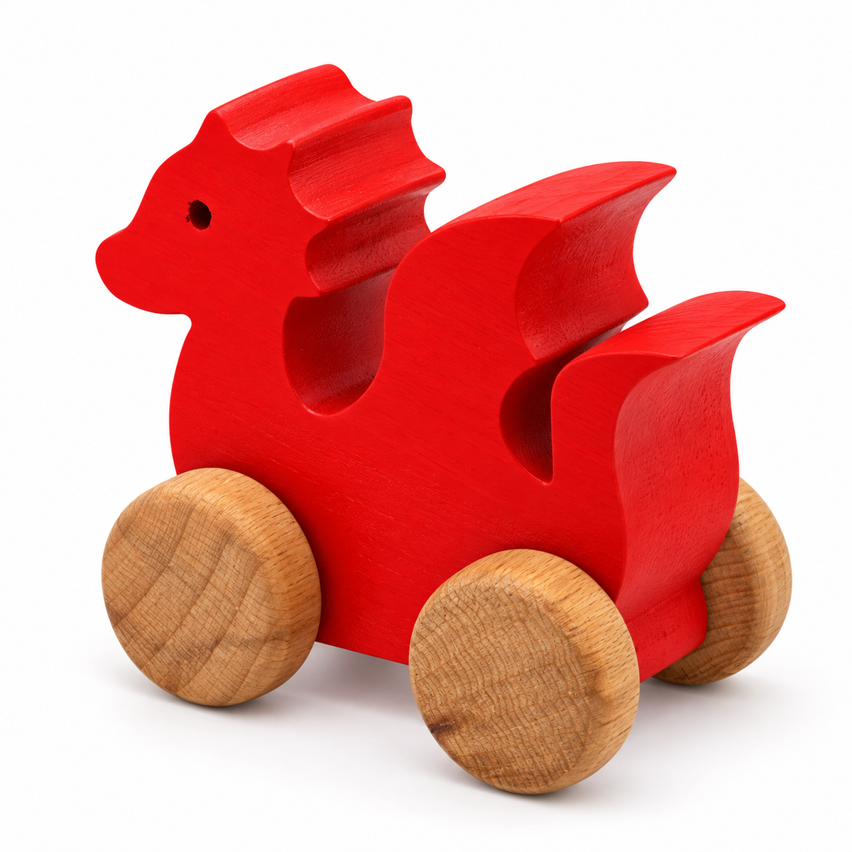 Dragon Wooden Car — red, rear three-quarter view
