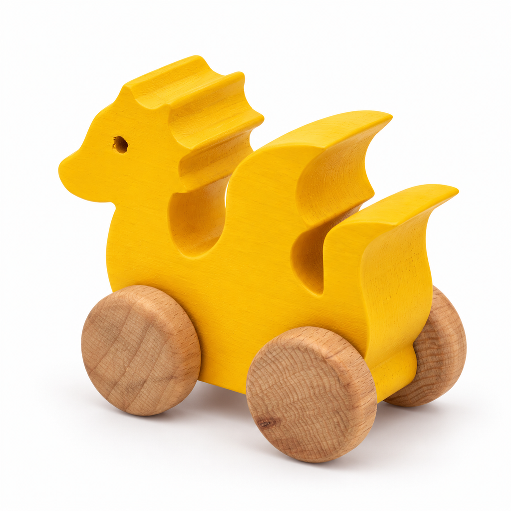 Dragon Wooden Car — yellow, rear three-quarter view