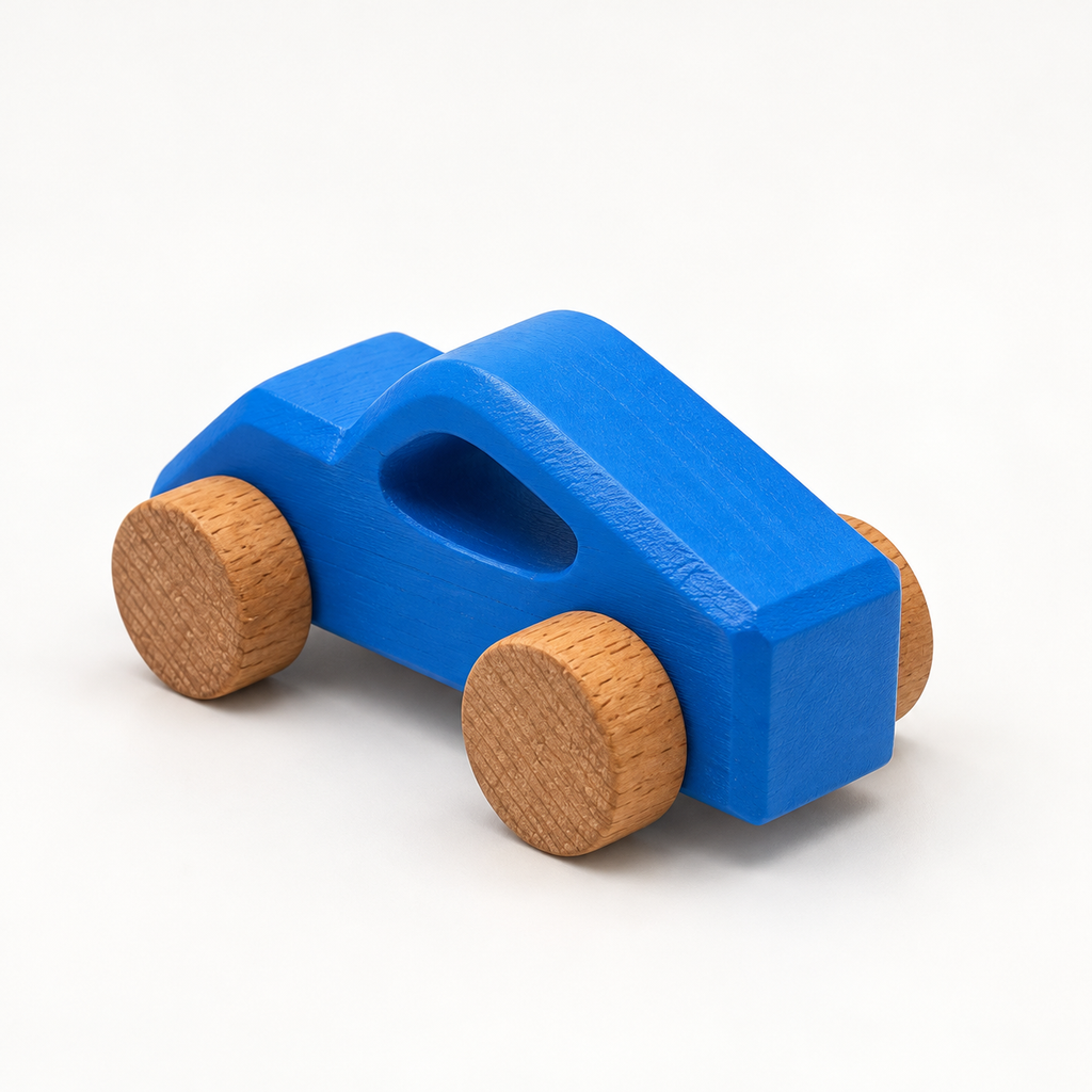 Drift Wooden Car — blue, rear three-quarter view