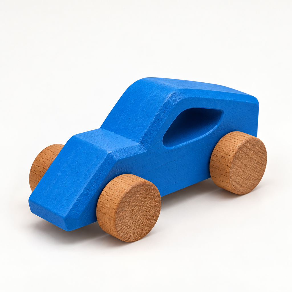 Drift Wooden Car — blue, front three-quarter view