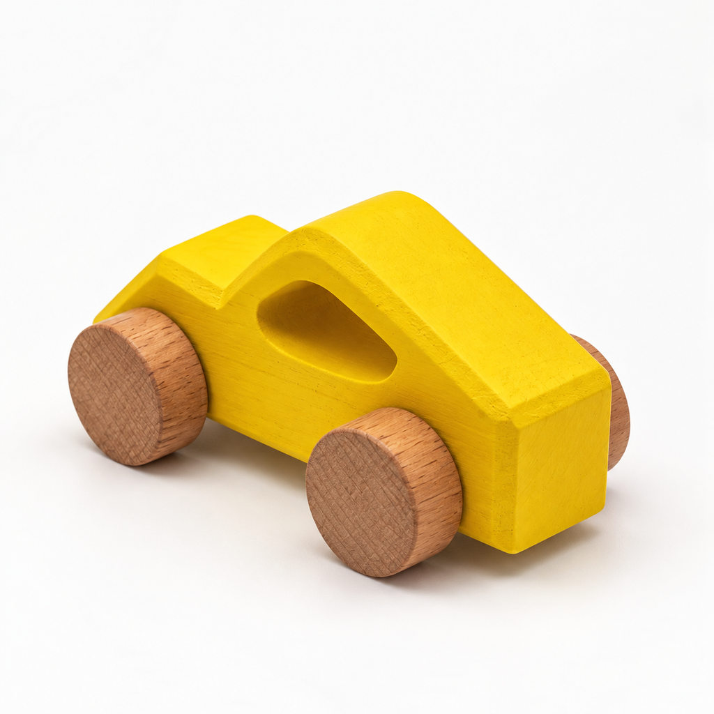 Drift Wooden Car — yellow, rear three-quarter view