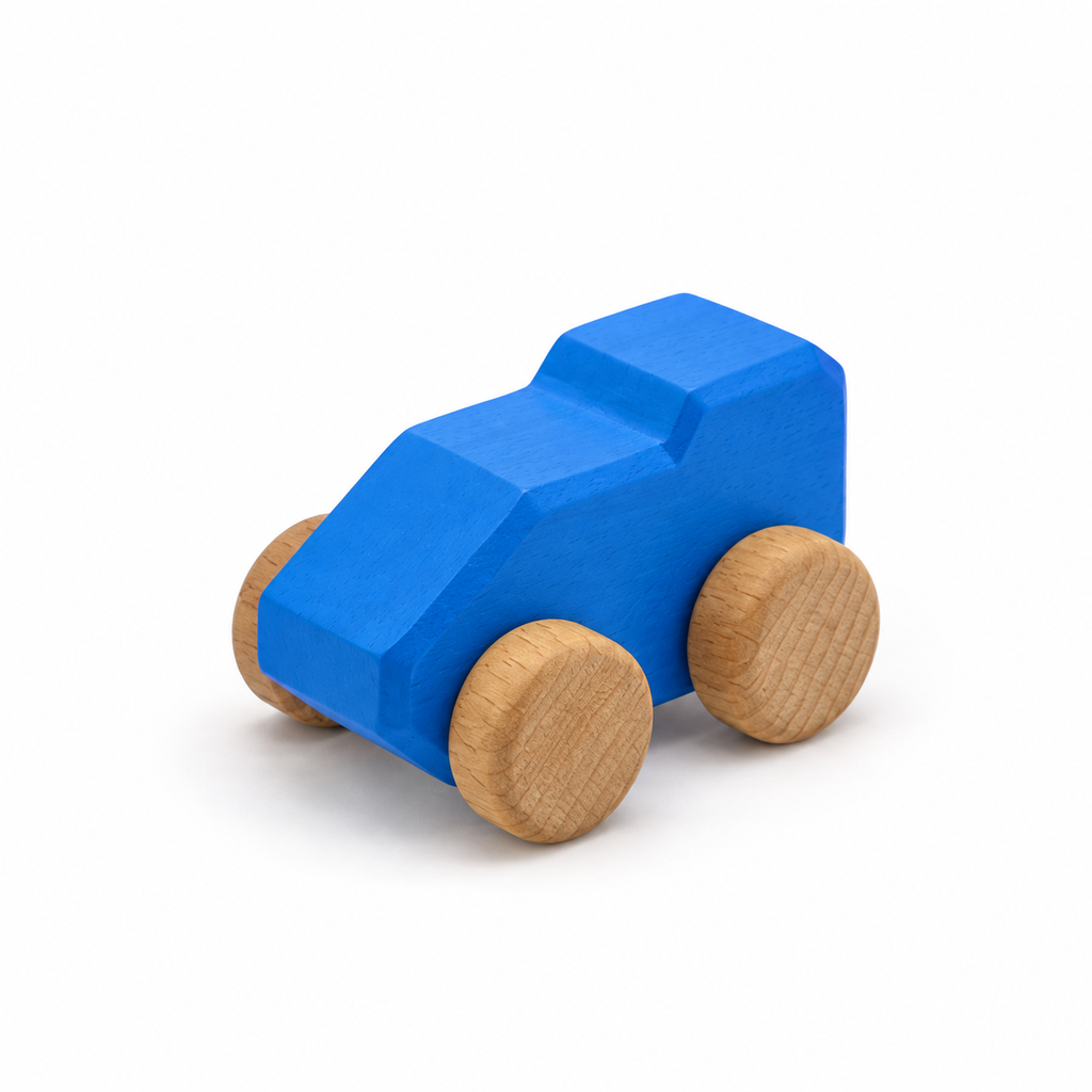 Mono Wooden Car — blue, front three-quarter view