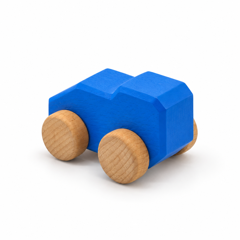 Mono Wooden Car — blue, rear three-quarter view