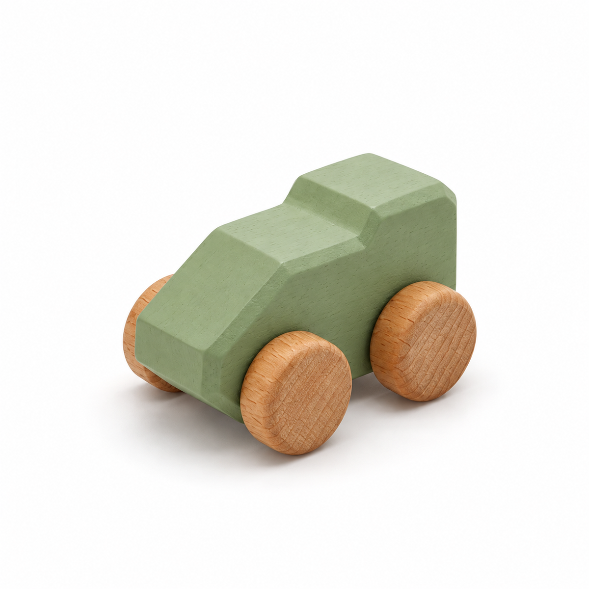 Mono Wooden Car — green, front three-quarter view