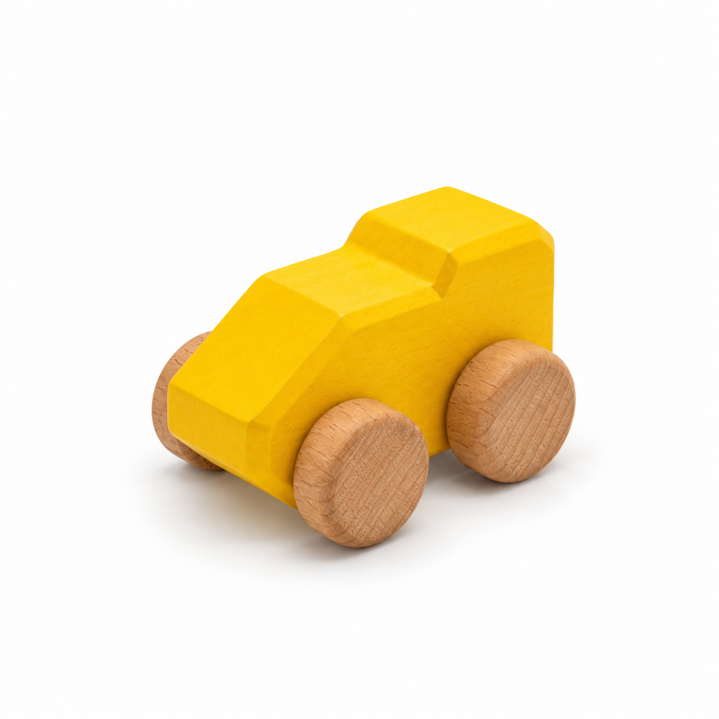 Mono Wooden Car — yellow, front three-quarter view