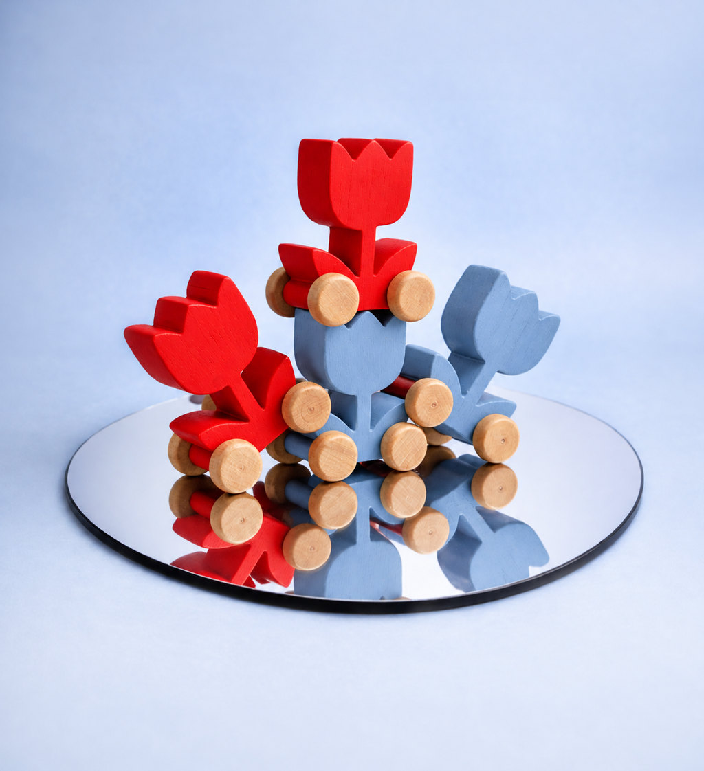 Tulip Wooden Cars — updated bright red and light blue