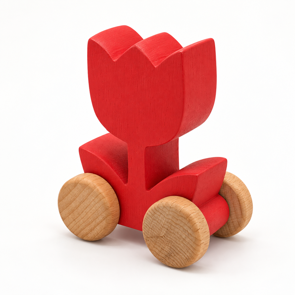 Red Tulip Wooden Car — opposite three-quarter view