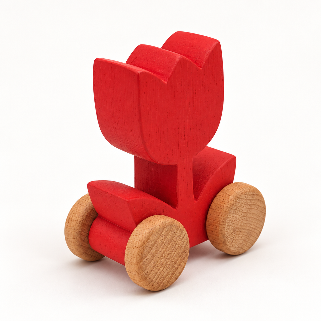 Red Tulip Wooden Car — three-quarter view